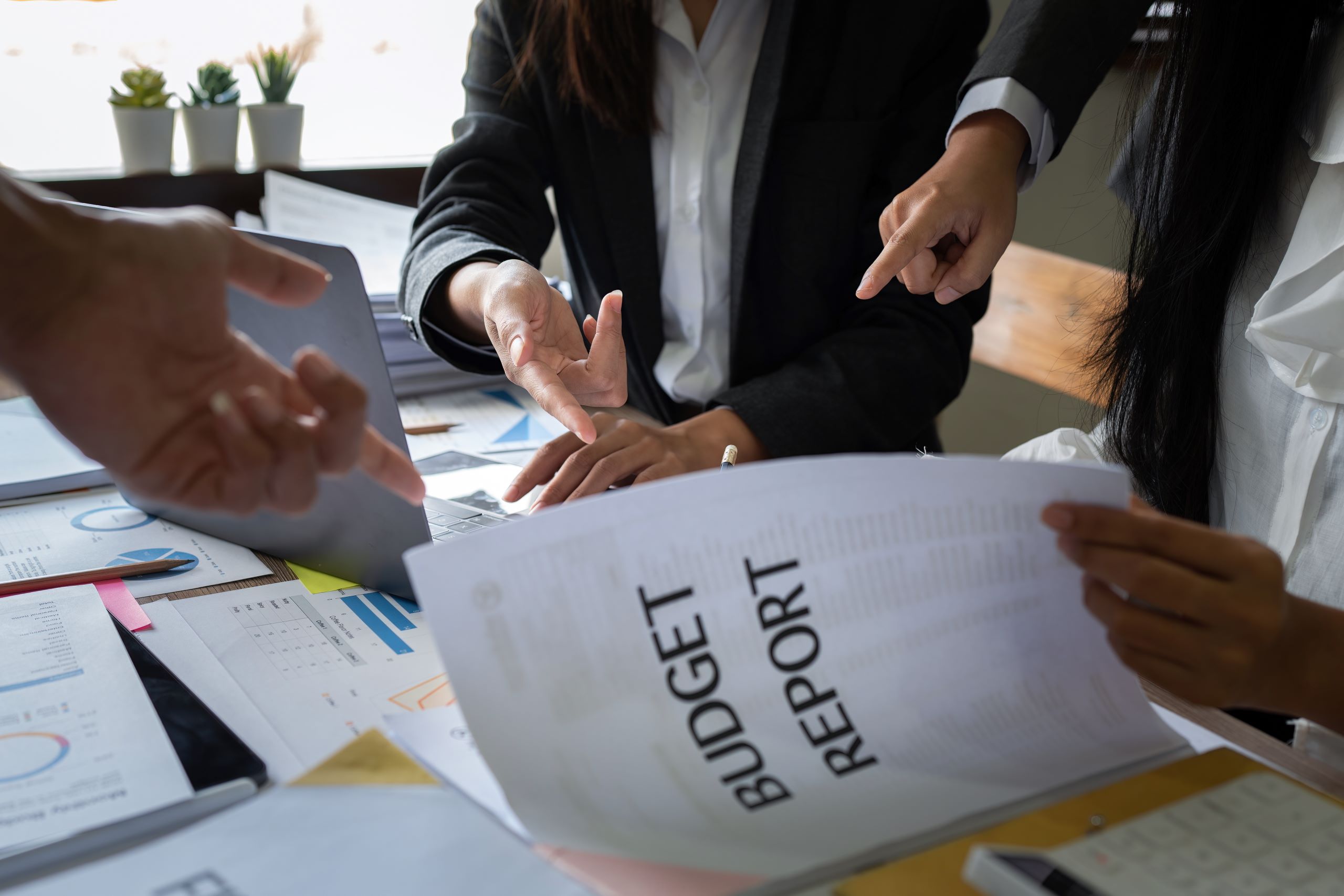 business professionals review budget report